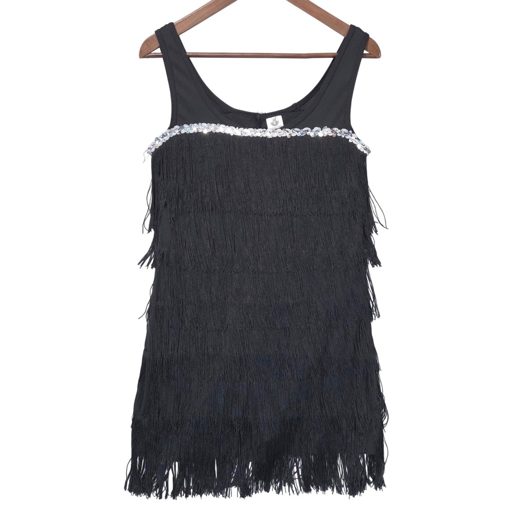 Spirit Black Fancy Fringe Flapper Dress M Silver Sequin Halloween Costume